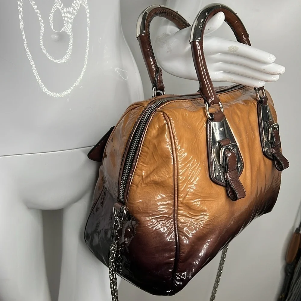 Prada Brown Vernice Sfumata Ombré Patent Leather Satchel Crossbody Bag